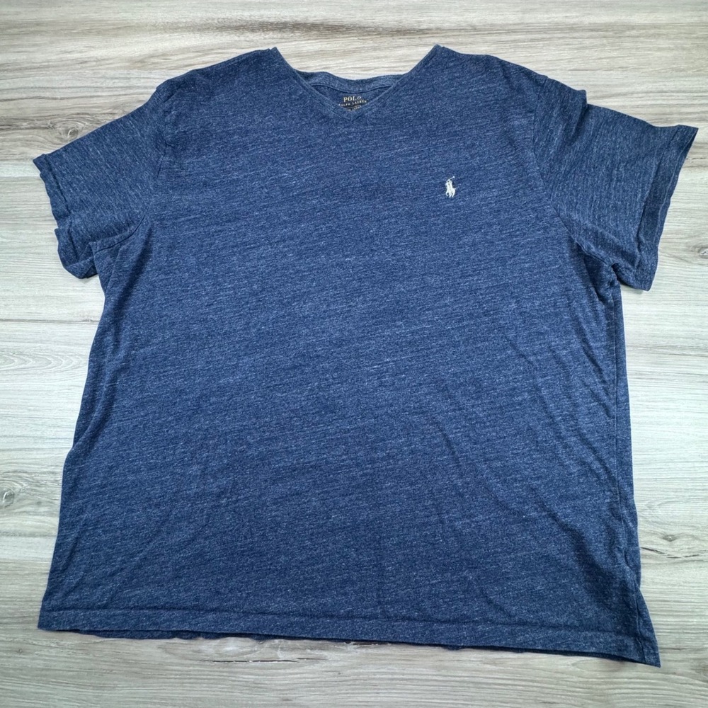 Polo Ralph Lauren‎ Mens Blue Heathered V-Neck Cotton T-Shirt XXL Pony Logo